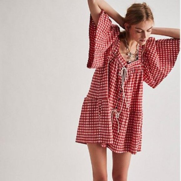 Free People Dresses & Skirts - Free People Red Gingham Babydoll Mini Dress